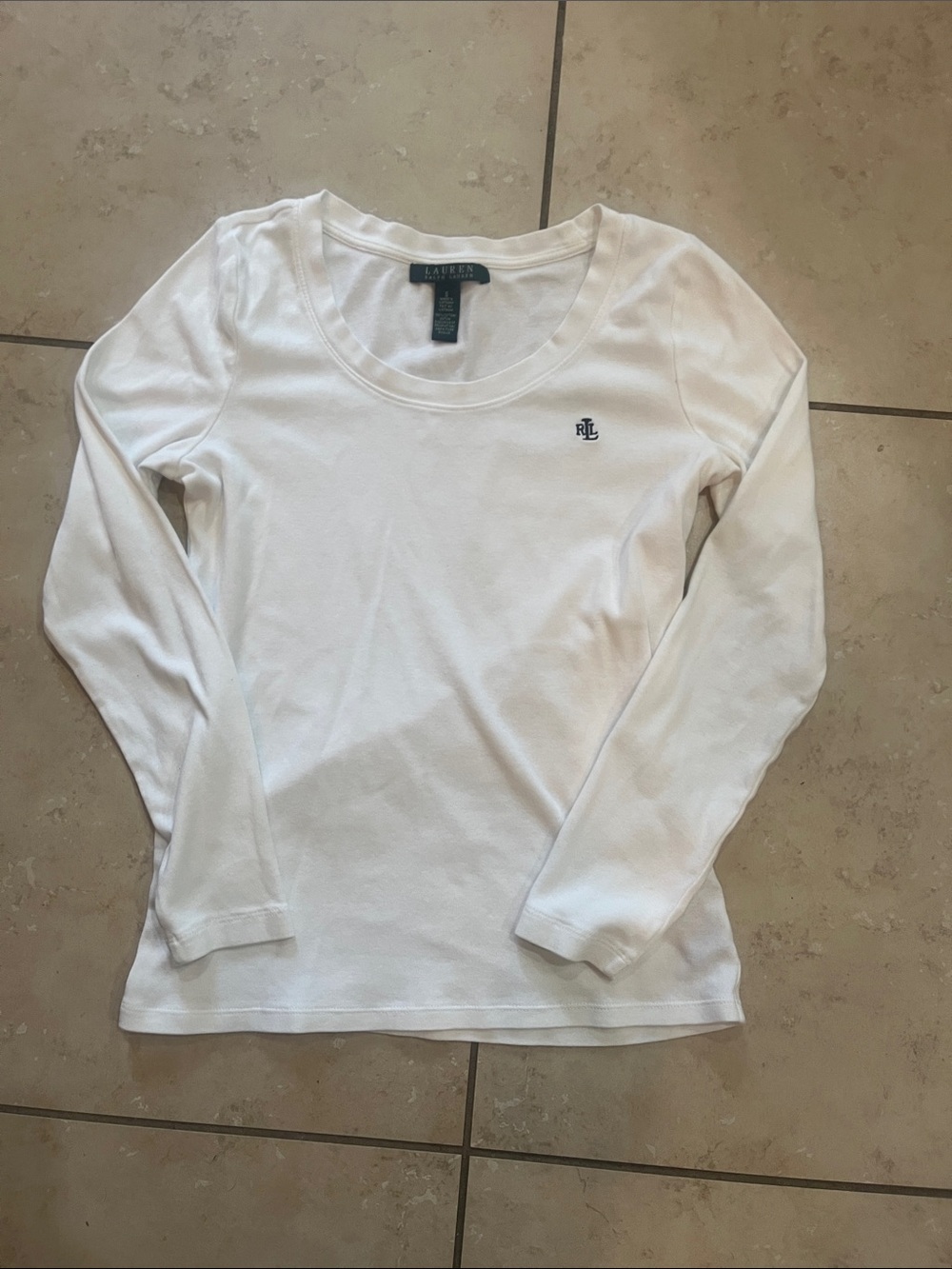 Ralph Lauren White Long Sleeve Scoop Neck Tee with RL Emblem